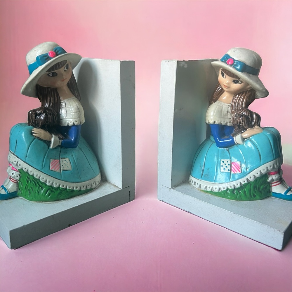 Vintage Charming Girl Bookends in Blue and White
